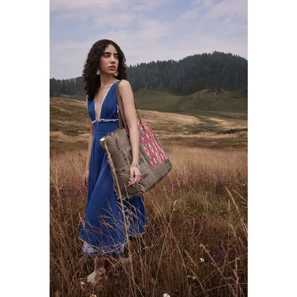 Myra Bag Handmade High Trails Weekender Bag Upcycled Canvas & Cowhide Leather